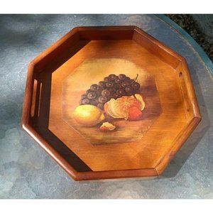Vintage octagon shaped wood serving tray features a still life fruit image